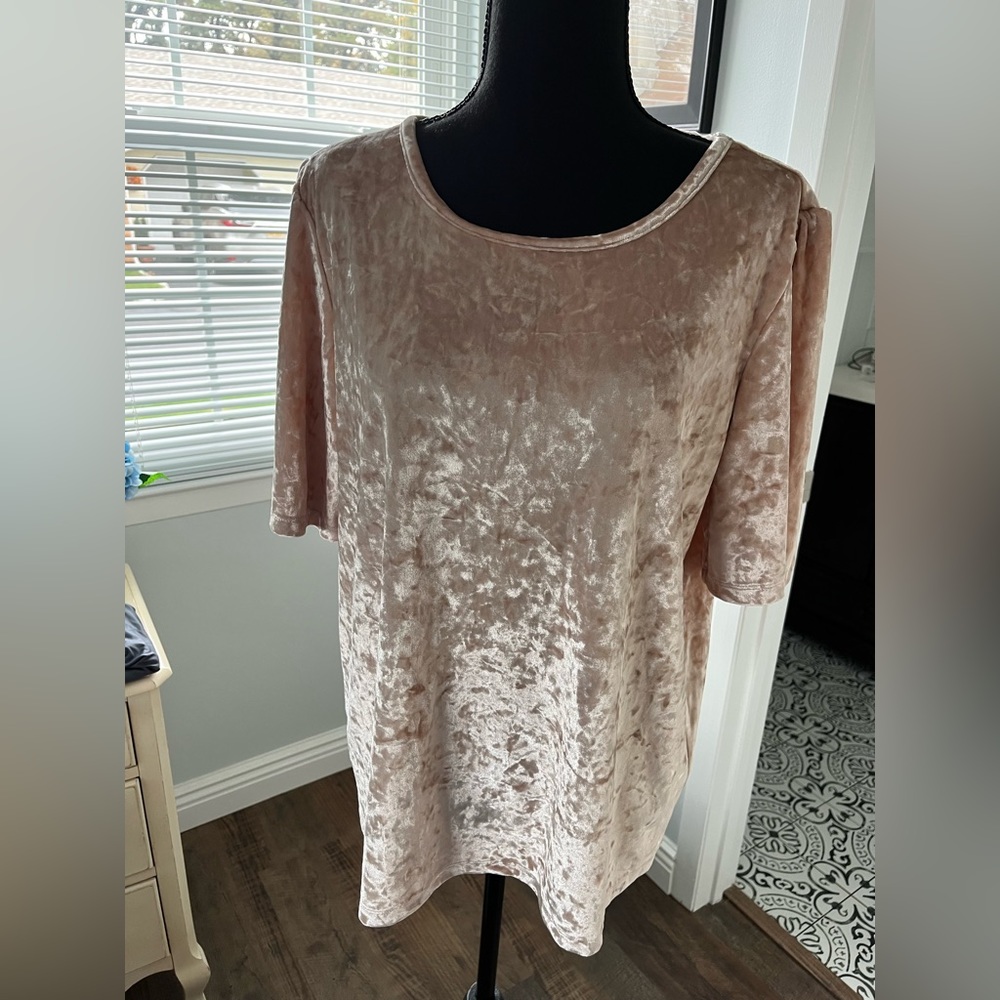 Lucky Brand ladies crushed velvet short sleeve top. Light blush color.
